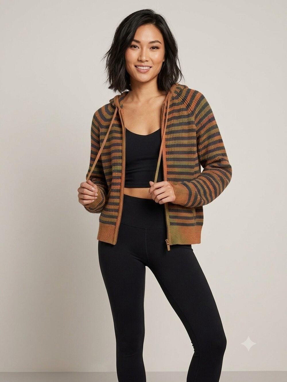 Herizon Striped Rosebud Zip Cardigan Hoodie, Brown, Large